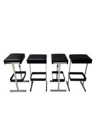 Four Mid-Century Modern Bar Stools with Black Leather Seats, 1970s